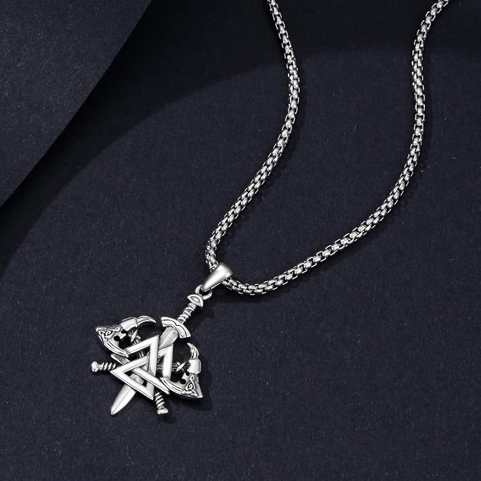 PROESS Viking Valknut Necklace S925 Sterling Silver Viking Knot Nordic Sword Necklace Celtic Axe Amulet Dagger Pendant Jewelry Gifts for Men Women