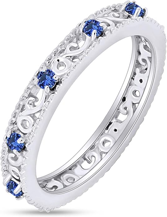 Jewel Zone US Filigree Eternity Wedding Band Ring for Women, Round Cut Simulated Gemstone Stackable Promise Ring in 14K Gold Plated 925 Sterling Silver Band Width 3.5mm – Elegant Jewelry for Her