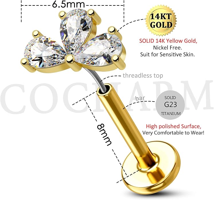 Cocharm 14K Solid Gold Cartilage Earring - 16g Flower Yellow Gold Flat Back Helix Stud, 14K Gold Push in Tragus Earring, Threadless Conch Stud