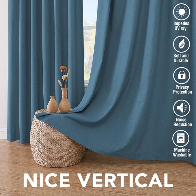 H.VERSAILTEX Blackout Curtains Linen Curtains 120 inches Long 100% Black Out Curtains for Bedroom Windows, Textured Linen Look Draperies Grommet with White Liner, 2 Panels, Blue Sapphire