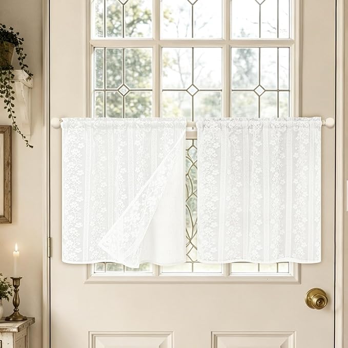 ASPMIZ Linen Kitchen Curtains Double Layer Kitchen Window Curtains Over Sink 24 Inch Length White Tier Curtain Light Filtering, Rod Pocket Cafe Curtain Short Window Treatments with 2 Tiebacks, 26x24