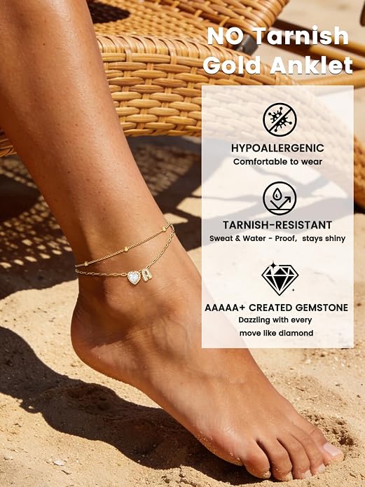 Bestyle Initial Anklet Bracelets for Women Waterproof Non Tarnish 14K Gold/White Gold Plated CZ Anklets for Women Dainty Layered Letter Heart Ankle Bracelets Adjustable Foot Chain Anklet
