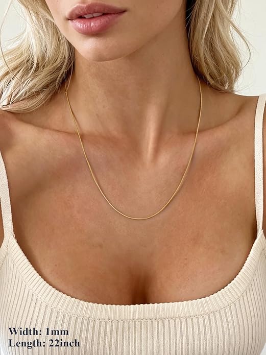 U7 Snake Necklace for Women 14K Gold Plated/Silver/Rose Gold/Black Chain Necklace Hypoallergenic, Stainless Steel Tiny Snake Chain Necklace 1/1.2/1.5/2MM, 14-30" Adjustable Minimalist Gift
