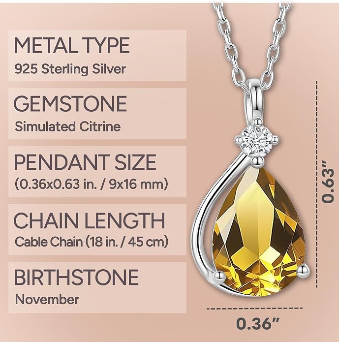 ADITA GOLD Birthstone Necklace for Women, 925 Sterling Silver Teardrop Pendant, Simulated Gemstone, Birthstone Jewelry