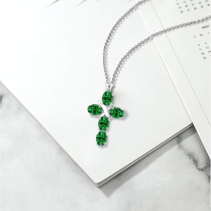 Gem Stone King Cross Pendant Necklace for Women | 925 Sterling Silver | 6X4MM Gemstone Birthstone | Jesus Christian Religious Crucifix Jewelry Gifts | 18 Inch Chain