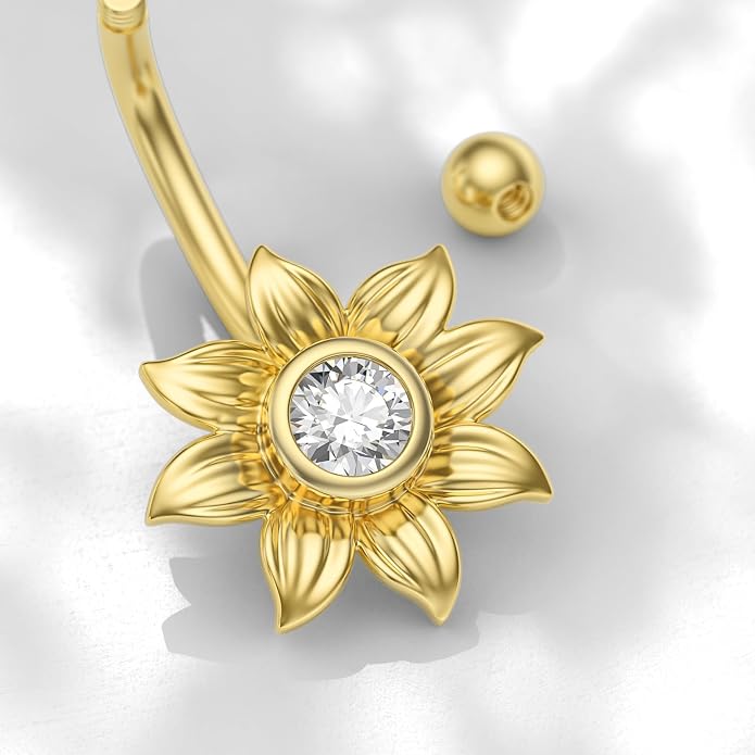 Solid 14K Gold Sunflower Belly Button Ring 14G 14K Real Gold Daisy Navel Rings Gold Dangle Belly Button Piercing Jewelry Gift for Women Wife Valentine's Day Birthday