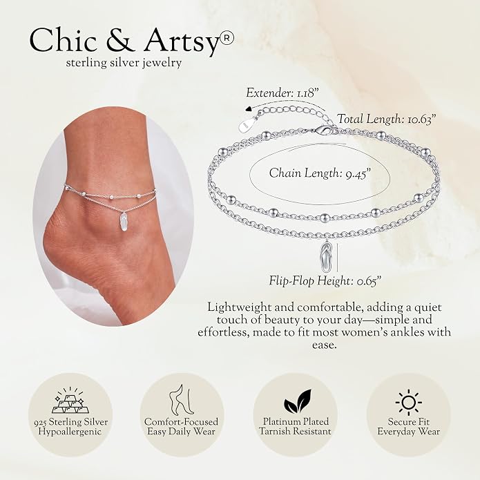 CHIC & ARTSY 925 Sterling Silver Ankle Bracelets for Women, Adjustable Layered Foot Chains with Nature & Symbol Charms, Lightweight Comfort Fit Boho Beach Everyday Jewelry