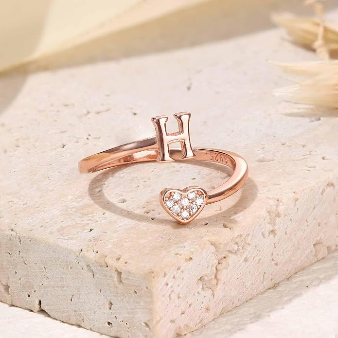 MILACOLATO 925 Sterling Silver Initial Rings for Women Teen Girl 18K Gold Plated Heart Initial Rings Adjustable Capital Letter Ring Stackable Thumb Pinky Rings for Daughter Birthday Bridesmaid Gifts Jewelry, A to Z