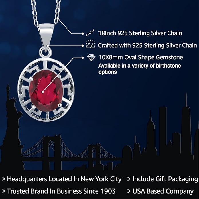 Gem Stone King 925 Sterling Silver 10X8MM Oval Gemstone Birthstone Necklace | Greek Key Pendant Necklace for Women | With 18 Inch Silver Chain