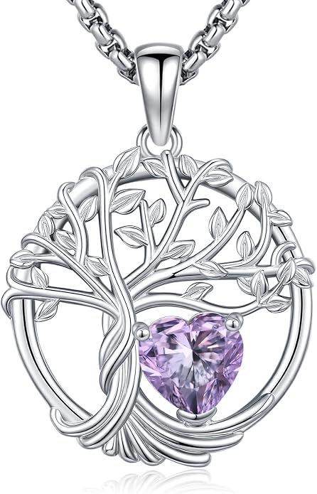 Birthstone Tree of Life Necklace for Women Heart Crystal Pendant Silver Plated Birthday Anniversary Jewelry for Wife, Mom, and Her