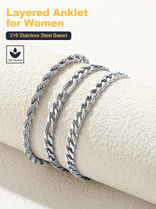 U7 2Pcs/3Pcs Ankle Bracelets for Women, Stainless Steel Cuban Link/Figaro/Rope/Heart Chain Anklets Sets,Waterproof Layered Anklets Adjustable 8.5"-10.5"