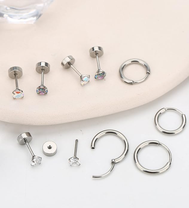 MJust Titanium Earrings for Sensitive Ears 20G Hypoallergenic Stud Hoop Earrings for Women Men Opal Ball CZ Heart Pearl Flat Back Earrings Cartilage Earrings Set