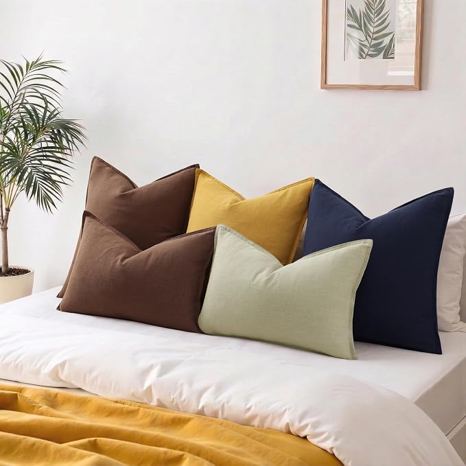 decorUhome Fall Sage Green Linen Throw Pillow Covers 12x20 Set of 2 | Decorative Soft Cozy Modern Farmhouse Boho Accent Pillow Cases with Flange Edges for Couch Bed Sofa Living Room Home Decor
