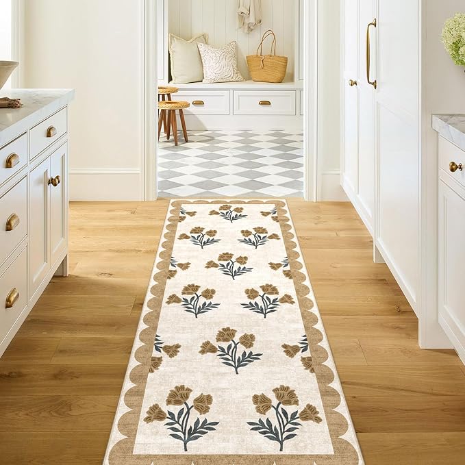 Non Slip Washable Kitchen Runner Rug - 2x6 Beige Floral Hallway Runner Rugs Soft Boho Runners for Hallways Vintage Farmhouse Scalloped Laundry Room Rug Floor Rugs for Bedroom Entryway Bathroom