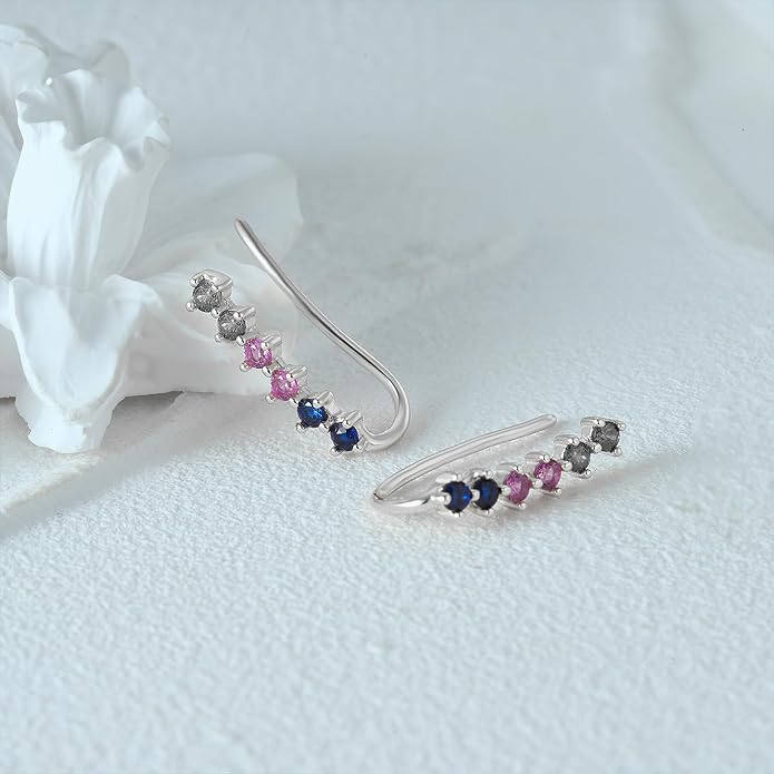 Dainty Colorful Cubic Zirconia Ear Climbers Earrings for Women 925 Sterling Silver 14K Gold Plated Rainbow Gemstone Crawler Earrings Stud Earring Hypoallergenic Ear Clips Wedding Graduation Jewelry Gifts