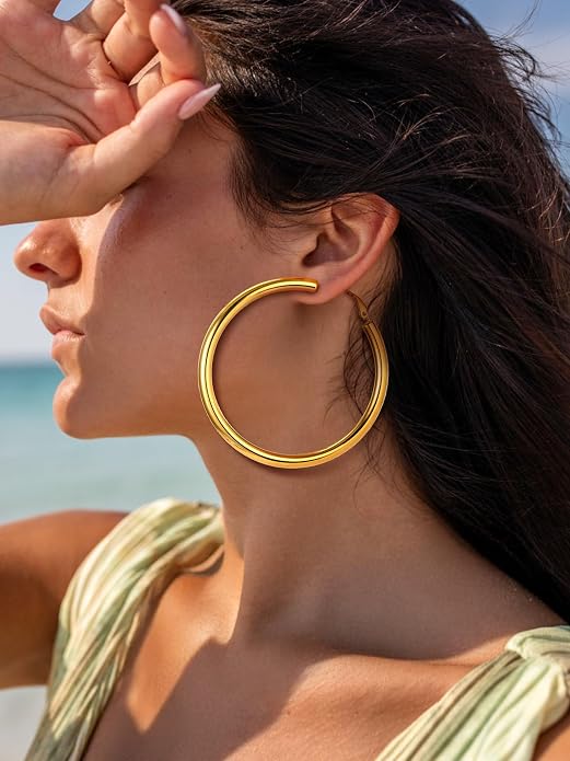 Stainless Steel Chunky Hoop Earrings For Women, Minimalist and Chic, Black/Gold Plated, Round Hoops Earrings Hypoallergenic, Size: 30mm/40mm/60mm/80mm, Come with Box