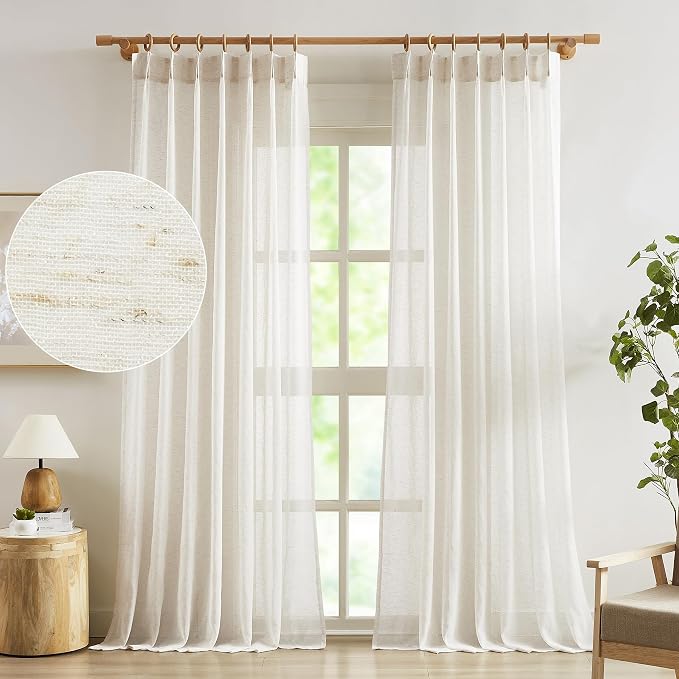 FMFUNCTEX Linen Sheer Pinch Pleated Curtains for Living Room, Linen Flax Beige 108 Inches Long Sheer Curtain See Through Panels for Bedroom, Natural Window Drapes for Farmhouse, Rod Pocket 2 Panels | Natural Semi Sheer Window Drapes with Pinch Pleated ...
