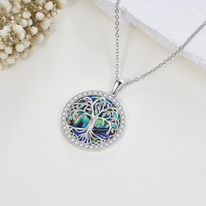 POPLYKE Tree of Life Necklace for Women Sterling Silver Celtic Knot Family Tree With Blue/Purple/Volcano Crystal Irish Gifts for Mom Wife Birthday Christmas