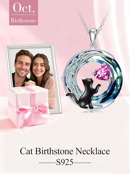 TOUPOP Cat Gifts for Cats Lovers 925 Sterling Silver Black Cat Necklace Celtic Moon Birthstone Jewelry for Women Anniversary Birthday Gift for Her Wife Mom