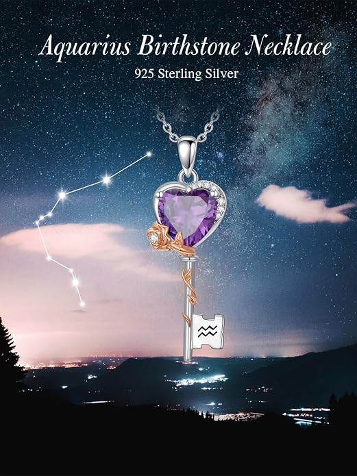 OCJ Zodiac Necklace for Women 925 Sterling Silver Rose Flower Key Pendant Necklaces Zodiac Birthstone Jewelry Wife Birthday Anniversary Christmas Gifts for Her