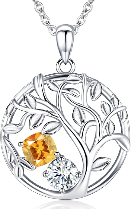 Tree of Life Birthstone Necklace for Women 925 Sterling Silver Birthstone Pendant 12 Months Necklaces with Zircon Birthday Gifts for Women, Mom, Grandma Cable Chain 18"+2"