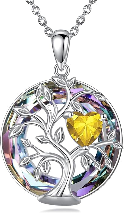 Tree Of Life Birthstone Necklace 925 Sterling Silver Crystal Family Tree Pendant Necklaces Heart Birthstone Jewelry For Women Female Anniversary Birthday Gifts