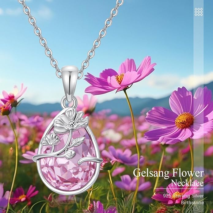 925 Sterling Silver Birth Flower Necklace with Teardrop Shaped Birthstone - 12 Colors, 12 Kinds of Flower - Ideal Birthday Jewelry Gift for Women, Mothers, Daughters & Wives
