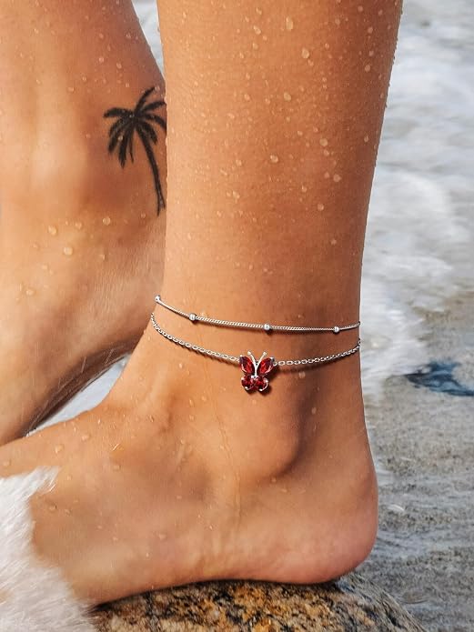 Richsteel Double Layer Heart/Butterfly Birthstone Anklet for Women Non Tarnish Waterproof, Silver/Gold/Black Stainless Steel 8.5-10.5 Inch Adjustable Chain Anklets Jewelry Gifts for Her