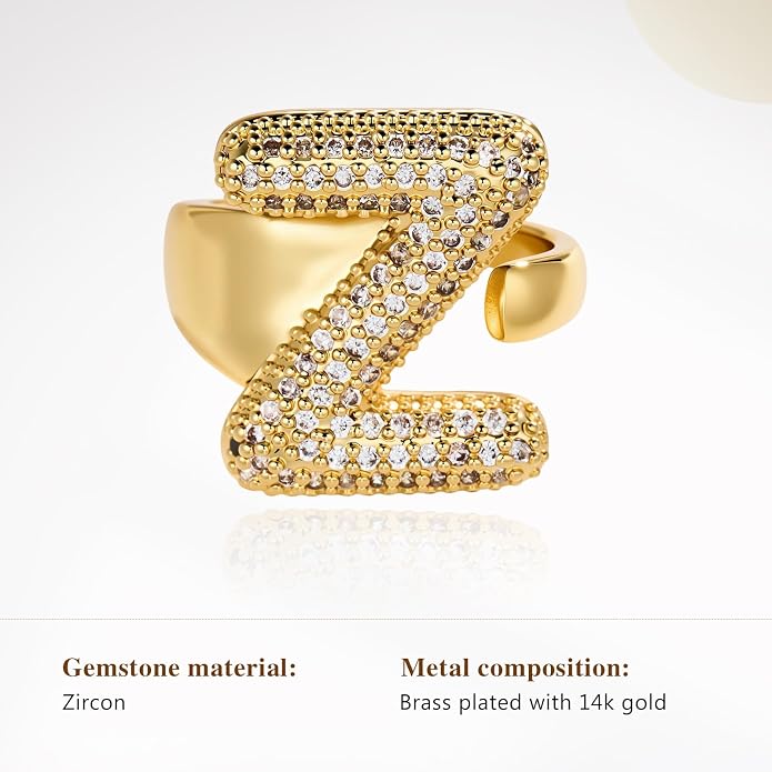 Cicy Bell Initial Rings for Women 14k Gold Plated Cubic Zirconia Delicate Letter Chunky Statement Open Rings Gifts for Her