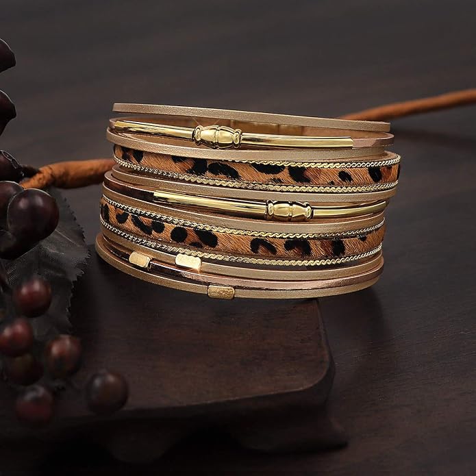 Wowanoo 3Pack Leather Cuff Bracelet Set Multilayer Wrap Bracelet Crystal Feather Tree Bracelet Magnetic Clasp Bracelet for Women