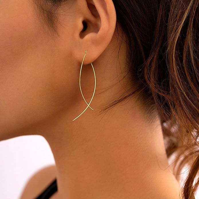 925 Sterling Silver Dainty Hard Wire Threader Dangle Earrings for Women 14k Gold Plated Tassel Threader Pull Through Long Half Hoop Earring Wedding Bridal Birthday Jewelry Gifts
