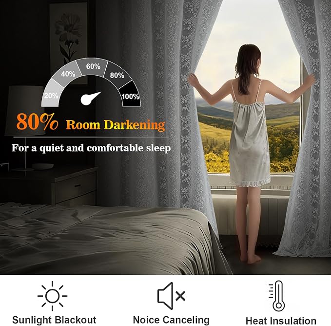 Yinhua Blackout Curtains for Bedroom Double Layer Grey Curtains for Living Room 63 Inch Length 2 Panels Set Kid Curtain with Floral Sheer Overlay, Grommet Drapes with Tiebacks, 52" W x 63" L