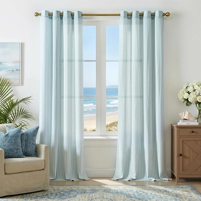 Vangao Linen Striped Curtains for Living Room Bedroom Farmhouse Tickingstripe Light Filtering Window Curtains Printed Drapes Grommet Top 2 Panels Aqua Blue on Off White W50 x L96 Inch