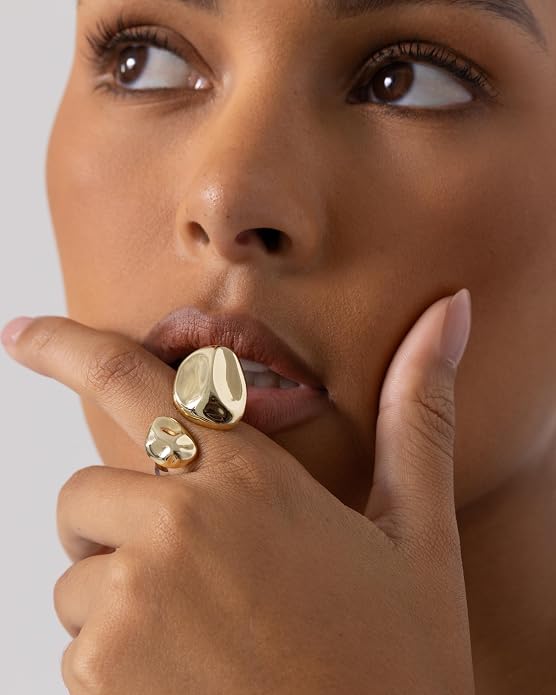 PAVOI 14K Gold Plated Chunky Open Statement Rings for Women - Bold Hammered Double Pebble Stackable Ring - Trendy Geometric Organic Fashion Bands Jewelry