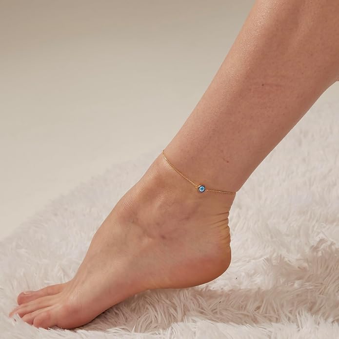 PERIMADE Evil Eye Anklets for Women, Waterproof 925 Sterling Silver Lucky Blue Eye Ankle Bracelet, 18K Gold Plated Adjustable Chain Anklet Bracelet Dainty Beach Jewelry for Her