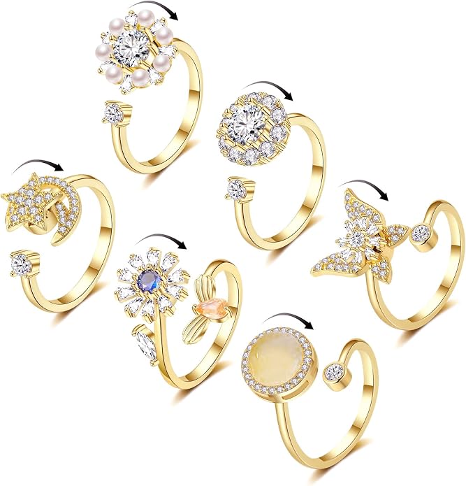 Honsny 6Pcs 14K Gold Plated Anxiety Rings for Women, Adjustable Spinner Anxiety Ring, CZ Butterfly Bee Moon Star Fidget Rings for Anxiety Stress Relief for Women
