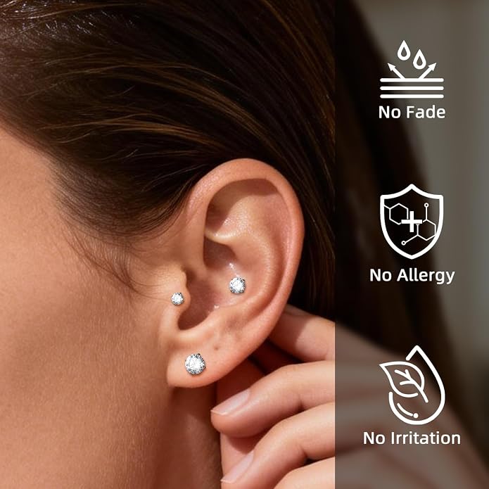 XUU Flat Back Stud Earrings, Implant Grade Titanium Earrings Set for Women, Hypoallergenic 20G Screw Back Earrings for Sensitive Ears, 3–6mm CZ Crystal, Gold Silver Black