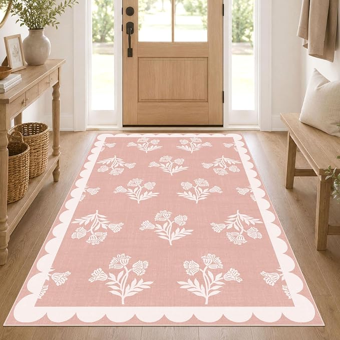 Pink 4x6 Area Rugs for Bedroom Girls - Soft Washable Boho Living Room Rug Non Slip Entry Rug Cottage Farmhouse Scalloped Rugs for Living Room Nursery Kids Room Playroom Kitchen Dorm