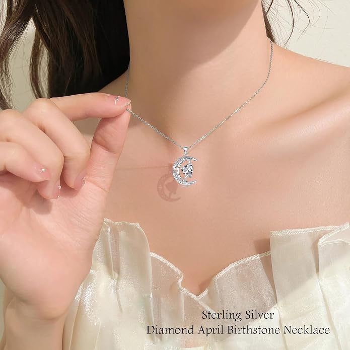 TOUPOP Moon and Star Birthstone Necklace for Women 925 Sterling Silver Celtic Moon Jewelry Birthday Mothers Day Gifts for Mom Wife Her
