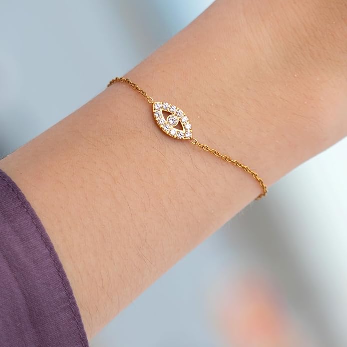 JUN MEIR'S 18K Gold Plated Evil Eye Adjustable Bracelet for Women, Simple Zirconia Link Bracelet, Birthday Anniversary Jewelry Gifts for Wife, Mom, Best Friend