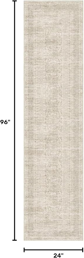 Nakagishi Washable Runner Rug 2x8: Vintage Neutral Non-Slip Entryway Rug for Hallway & Kitchen, Soft Low Pile Floor Carpet for Bedroom - Beige Gray
