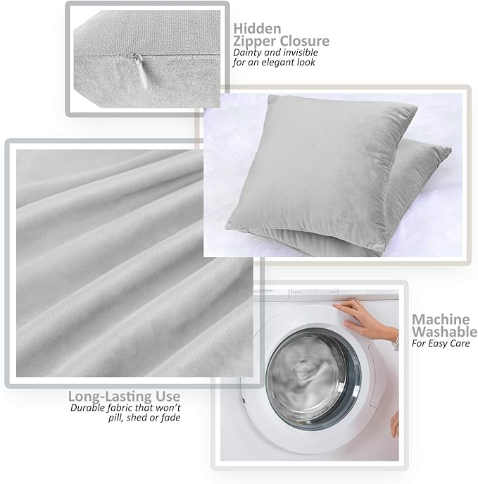 Nestl Throw Pillow Covers, Cozy Velvet Decorative Autumn Pillow Covers 22 x 22 Inches, Soft Solid Couch Pillow Covers for Sofa, Bed and Car, Set of 2 - Light Gray