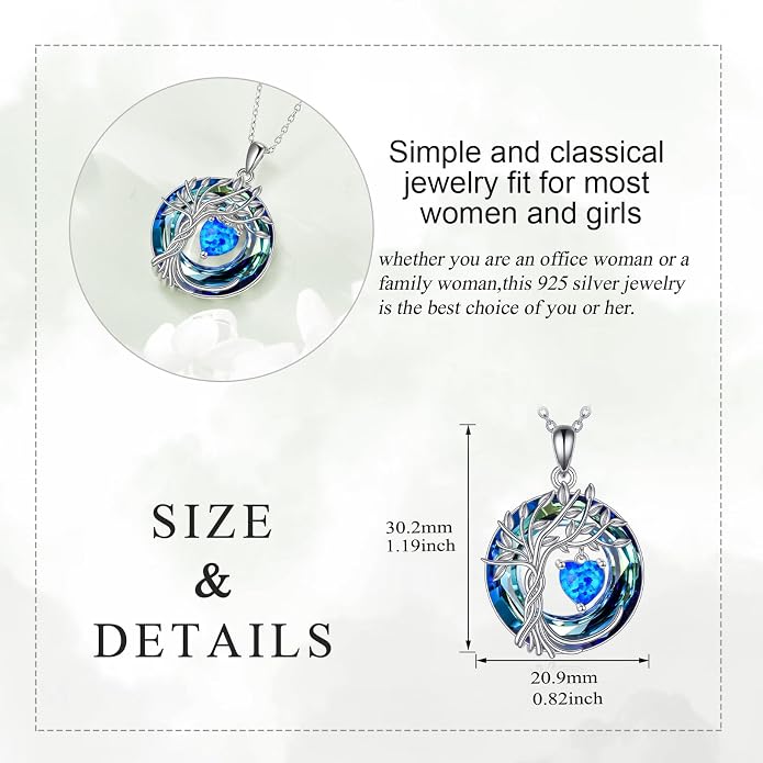 POPLYKE Mothers Day Gifts for Mom Her Wife Tree of Life Necklace 925 Sterling Silver Birthstone Pendant with Crystal Anniversary Birthday Wedding Jewelry for Women