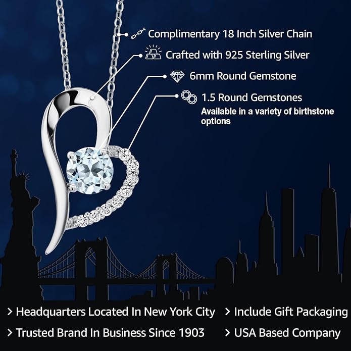 Gem Stone King Heart Shape Pendant Necklace For Women | 925 Sterling Silver | 6MM Round Gemstone Birthstone | Heart Necklace For Women | With 18 Inch Silver Chain
