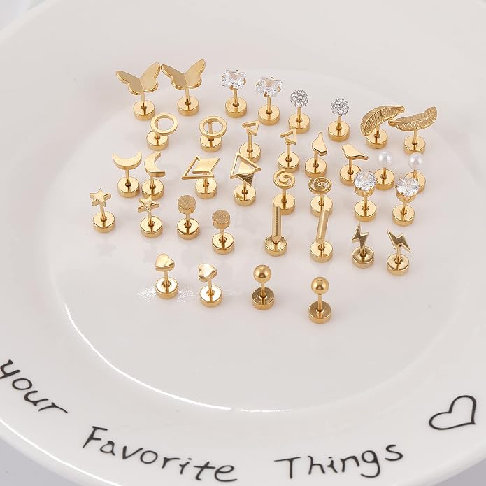 MJust 18 Pairs Women‘s Hypoallergenic Flat Back Stud Earrings, 20g Stainless Steel Earrings Sets for Men, Tiny Unisex Screw Back Cartilage Earrings.