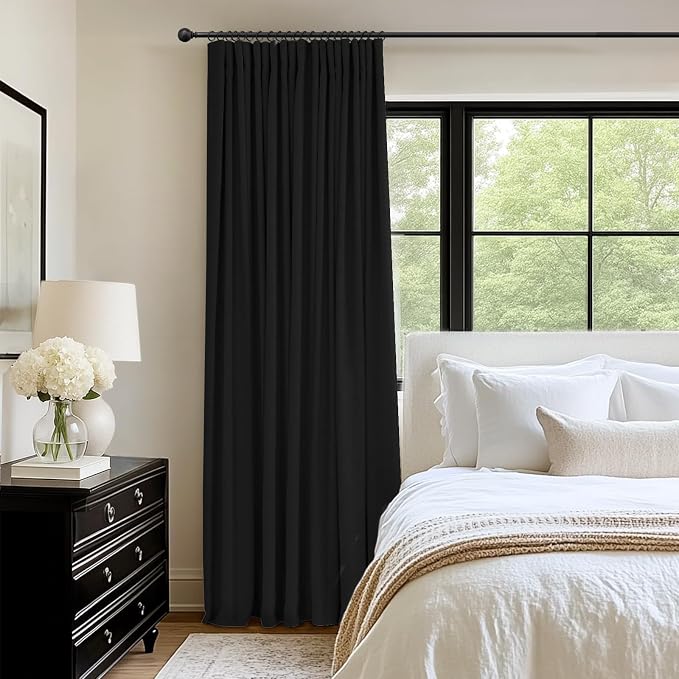 INOVADAY 100% Blackout Curtains for Bedroom, Black Out Curtains 96 Inch Long, Clip Rings Linen Blackout Drapes, Thermal Insulated Room Darkening for Living Room, 1 Panel - Black,W102xL96