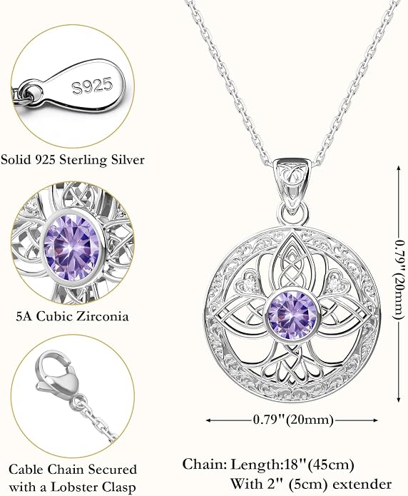Birthstone Tree of Life Necklace for Women: 925 Sterling Silver Celtic Knot Pendant, Family Jewelry Gift for Mom Daughter Birthday Mother’s Day
