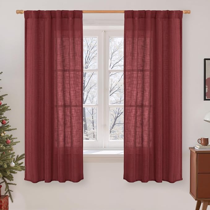 LAMIT Burgundy Red Semi Sheer Window Linen Curtains 63 Inch Length, Light Filtering Panels Back Tab and Rod Pocket Christmas Decor Drapes for Bedroom/Living Room, 2 Panels, 34 x 63 Inch
