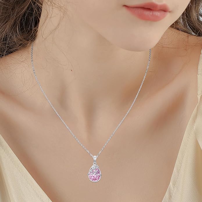 925 Sterling Silver Birth Flower Necklace with Teardrop Shaped Birthstone - 12 Colors, 12 Kinds of Flower - Ideal Birthday Jewelry Gift for Women, Mothers, Daughters & Wives