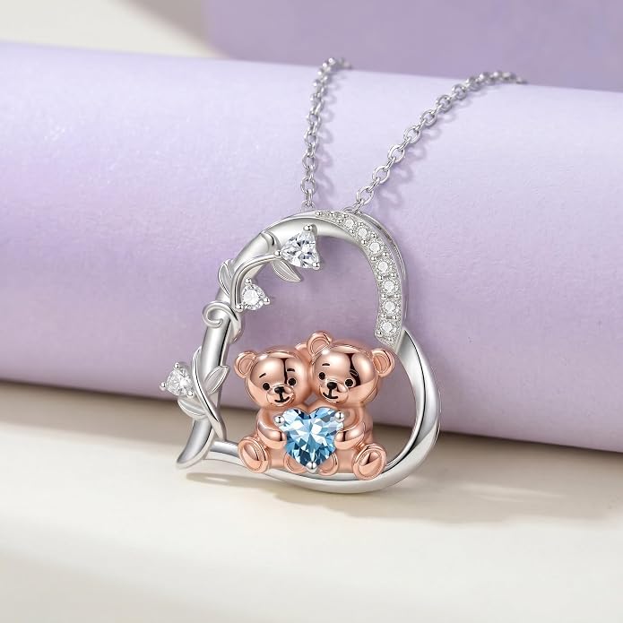 PELOVNY Teddy Bear Necklace for Women 925 Sterling Silver Bear/Highland Cow/Fox/Cat/Axolotl Birthstone Necklace Christmas Birthday Jewelry Gifts for Mom Daughter Wife Sister